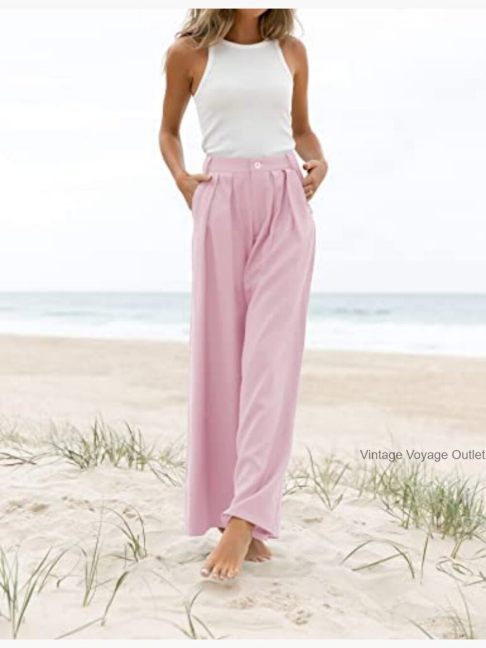 High Waist Wide Leg Palazzo Pants, Polyester Work Pants with Pockets - Picture 3 of 7